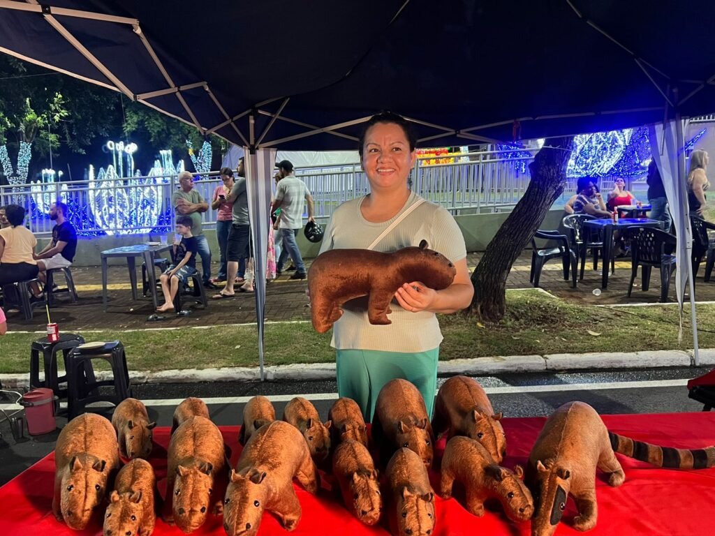 A feirante Zenaide Vaz está com expectativa de conseguir uma renda extra na Feira de Natal com a venda de capivaras de pelúcia. Foto: Assessoria