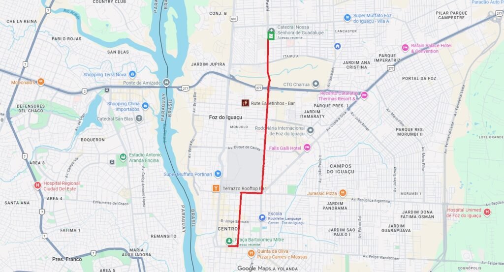 Mapa com o trajeto da caminhada (em vermelho), que tem início na Praça do Mitre, às 7h30, e encerra na Catedral, na Vila A.